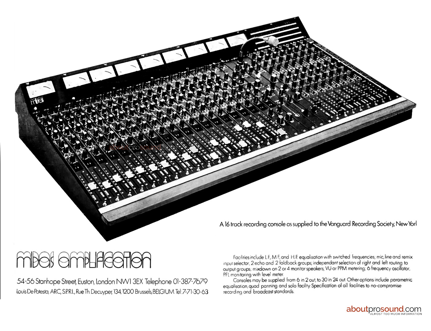 1975 MIDAS AMPLIFICATION Recording Console Ad About ProSound 